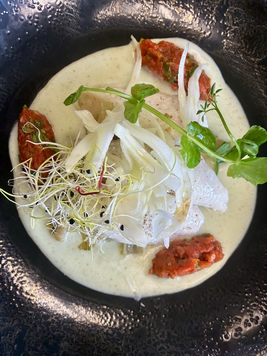 Filet de poisson blanc nappé d'un velouté, fenouil émincé et concassée de tomates