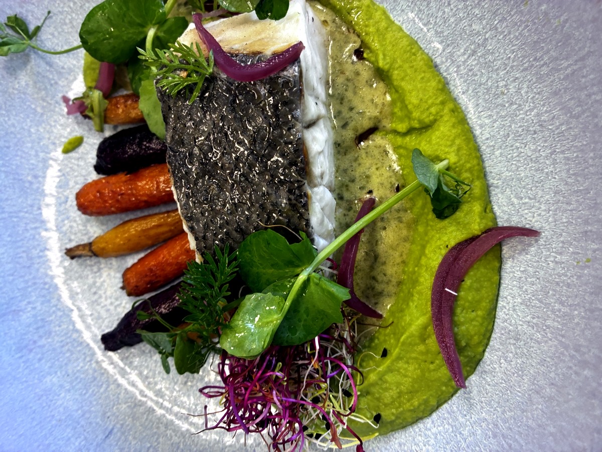 Filet de poisson grillé à la peau croustillante, crème de petits pois et carottes fanes rôties